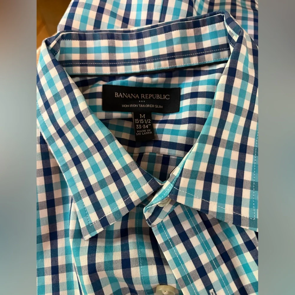 Banana Republic Shirt Mens M Blue Check Long Sleeve Slim Fit Non-Iron